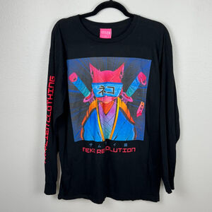 AYYLIEN Neko Revolution Adult Large Black Anime Manga Long Sleeve Graphic Tee